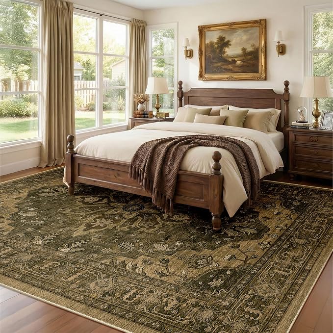 RELEANY Area Rugs 7'x10' Washable Non-Slip, Floral Vintage Distress Medallion Carpet for Living Room Bedroom Dining Room, Brown Dark Brown