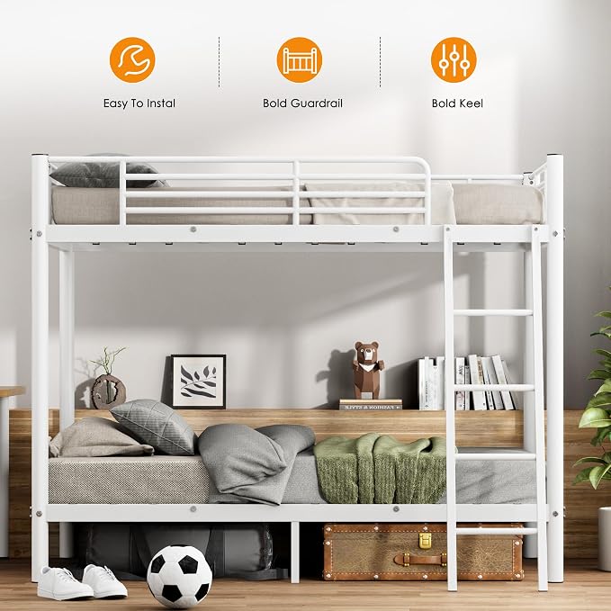 SDHYL Twin Over Twin Bunk Bed,Heavy Duty Metal Bed Frame with Stairs,Space Saving,Ideal for Dorms and Small Rooms,White