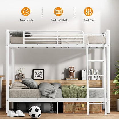 SDHYL Twin Over Twin Bunk Bed,Heavy Duty Metal Bed Frame with Stairs,Space Saving,Ideal for Dorms and Small Rooms,White