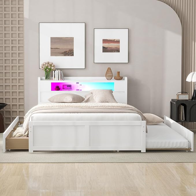 GDFStudio Queen Size Storage Bed with LED Headboard, 2 Drawers and Twin Trundle, Modern Wooden Platform Bed Frame for Bedroom Organization, No Box Spring Needed, Easy Assembly, White