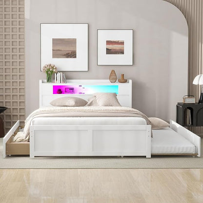GDFStudio Queen Size Storage Bed with LED Headboard, 2 Drawers and Twin Trundle, Modern Wooden Platform Bed Frame for Bedroom Organization, No Box Spring Needed, Easy Assembly, White