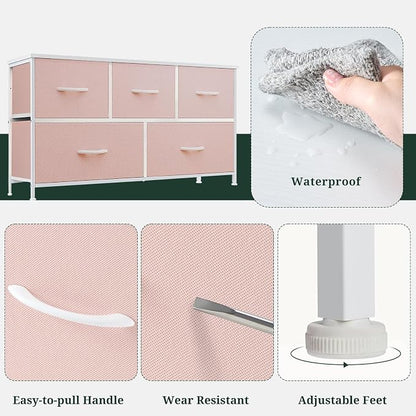 5-Drawer Dresser for Bedroom, Anti-Tip Wide Storage Organizer Fabric Chest of Drawers TV Stand for 45" TV with Wooden Top and Metal Frame for Closet, Living Room, Hallway, Entryway, Pink