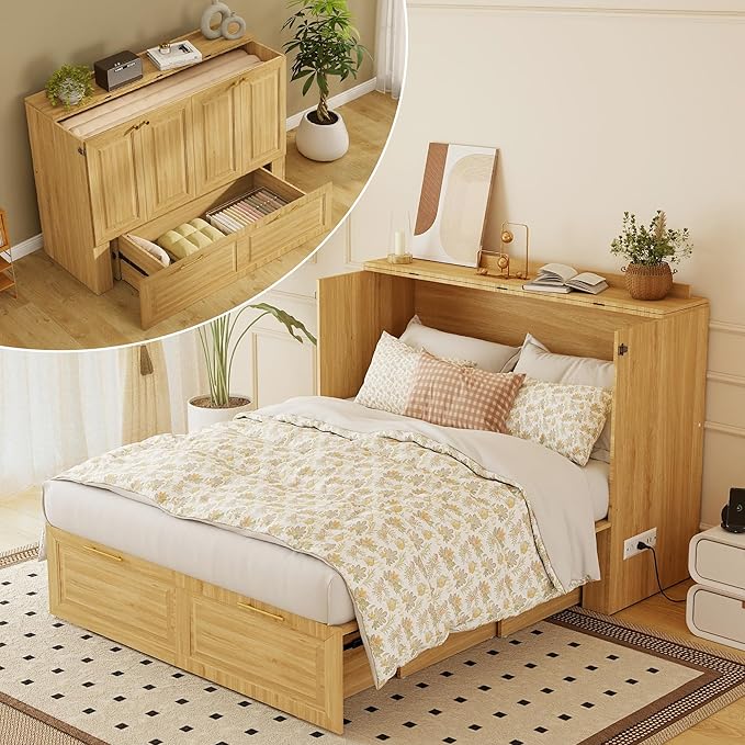 Full Murphy Bed Cabinet: Oak Cabinet Bed with Charging Station, Cube Murphy Beds with Drawers, Modern Hidden Beds for Small Spaces, Guest Room and Office