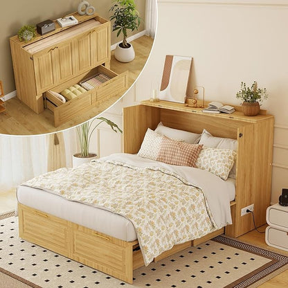 Full Murphy Bed Cabinet: Oak Cabinet Bed with Charging Station, Cube Murphy Beds with Drawers, Modern Hidden Beds for Small Spaces, Guest Room and Office