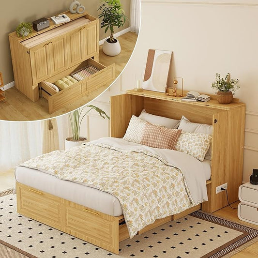 Full Murphy Bed Cabinet: Oak Cabinet Bed with Charging Station, Cube Murphy Beds with Drawers, Modern Hidden Beds for Small Spaces, Guest Room and Office