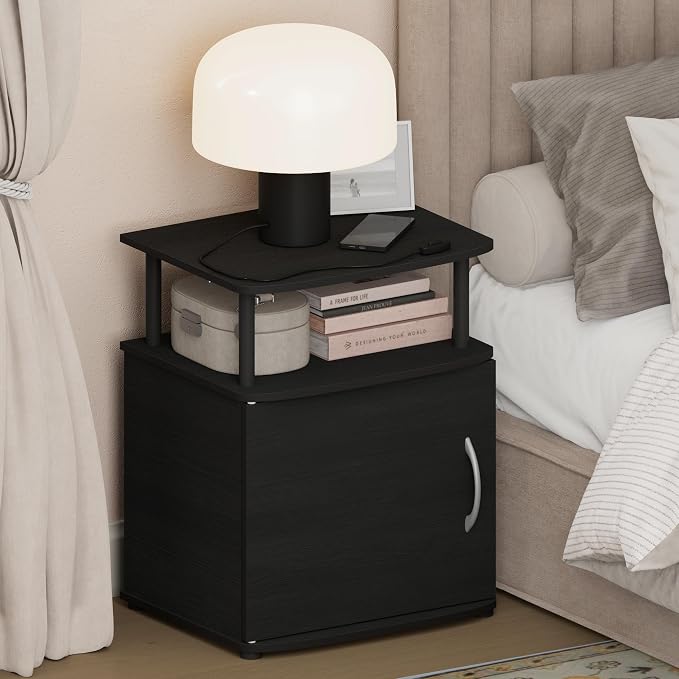 Furinno Jaya Night Stand with Door, Nightstand with Open Shelf and Door Cabinet, Round Corner Bedside Table, Side Table, End Table, for Bedroom, Closet, Dorm, Blackwood