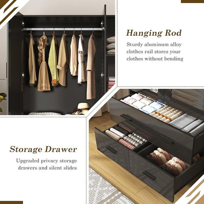 jiteentarou 3 Door Armoire Wardrobe Closet Cabinet with Drawers and LED Lights, Multi-Tier Shelves, Hanging Rod & 3 Louver Doors, Large Capacity Storage Wardrobe Armoire for Bedroom(3 Doors Black)