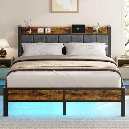 Liians Queen Size Bed Frame with Wood Headboard, Metal Platform Bed with USB Charging Station and Smart LED Lights, No Box Spring Needed, Easy Assembly