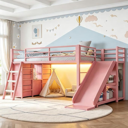 Bellemave Twin Loft Bed with Slide & Ladder, Metal Kids Loft Bed with Storage Drawers & LED Lights, Low Loft Bed Twin Size with Wood Wardrobe & Bookcase, Loft Bed for Kids Teens, Pink