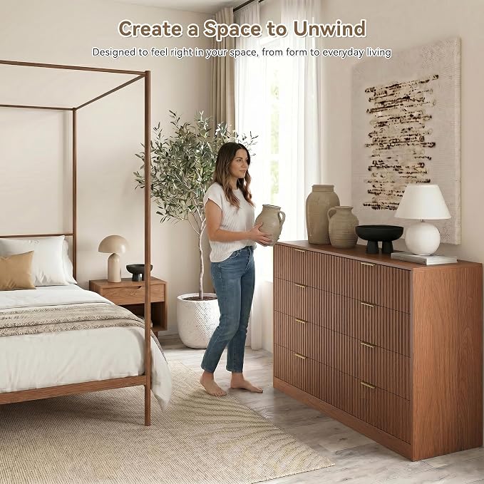 8 Drawer Dresser for Bedroom, 55" Wide Fluted Chest of Drawers with Gold Metal Handles, Modern Wooden Dresser, Closet Storage Organizer Mid Century TV Stand for Living Room Hallway Light Walnut