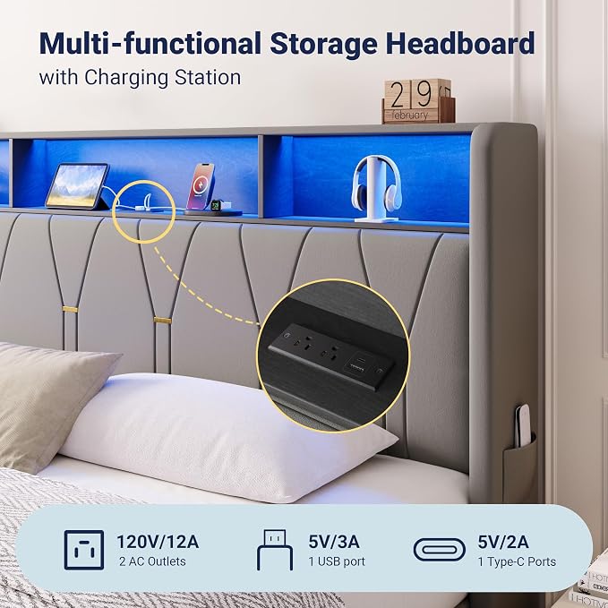 Allewie King Bed Frame with 2-Tier Storage Headboard, Charging Station & LED Lights, Velvet Upholstered Platform Bed with 2 Drawers, Wingback Headboard, Gold Button Tufted, No Box Spring Needed, Grey