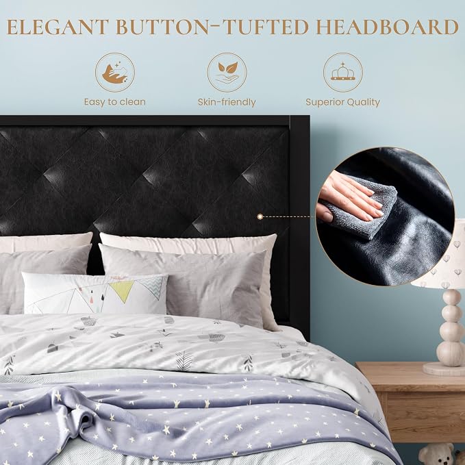 SHA CERLIN Twin Size Metal Bed Frame with PU Tufted Headboard, Black | Modern Design Heavy-Duty Platform Bed, No Box Spring Need, PU Leather Upholstery, Noise Free, Easy Assembly