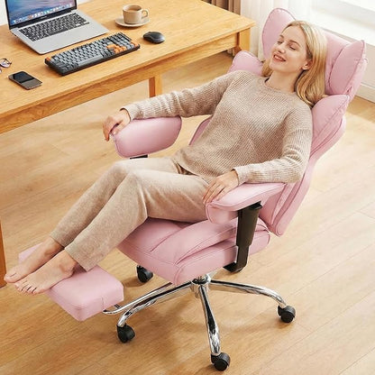 DUMOS Big and Tall Home Office Desk Chair, Ergonomic Executive Chair with Footrest, Computer Gaming Chairs with High Back Reclining, Adjustable Armrests and Comfy Lumbar Support, PU Leather, Pink