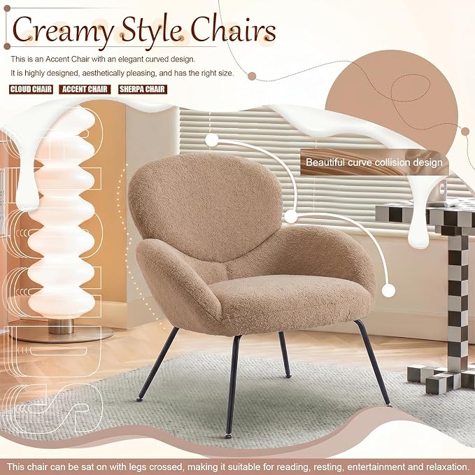 Small Accent Chair Set of 2,Sherpa Chair with Love Back, Boucle Chairs with Metal Legs, Comfy Modern Reading Chairs/Sherpa Accent Chair with Thick High-Elastic Sponge/Cream Style Room (Camel)