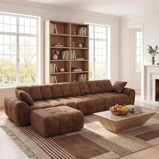 Claiks 118" Modern Boneless Couch, Corduroy Modular Cloud Sofa for Living Room, Deep Seat Sectional with Movable Ottoman, No Assembly Required, Brwon