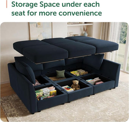 HONBAY Modular Sectional Sleeper Sofa Velvet Sectional Sleeper Couch with Storage Sleeper Sofa Couch for Living Room,Dark Blue