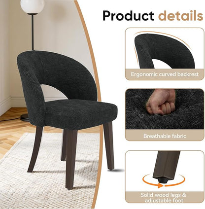 Dining Chairs Set of 2, Mid Century Modern Dining Chairs with Solid Wood Legs, Curved Back Kitchen Chair Farmhouse Side Upholstered Chairs for Kitchen Dining Room, Black