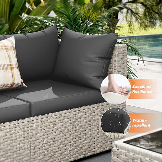 UDPATIO Outdoor Patio Furniture Set, 7 Pcs PE Wicker Sectional Sofa with Tea Table, Outdoor Conversation Set for Patio, Garden, Backyard (Black Cushions with Light Grey Rattan)