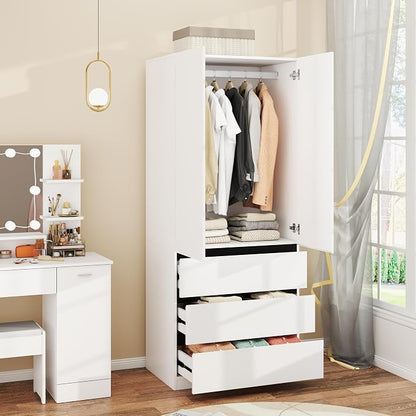 Armoire Wardrobe Closet with Drawers：75" Large White Wardrobe Closet Cabinet with 2 Doors for Hanging Clothes, Modern Wooden Bedroom Armoires with 3 Drawers and Storage (B-Style, 31.5")