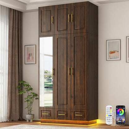 Hlivelood Large Armoire Wardrobe Closet Cabinet with Drawers and LED Lights, Multi-Tier Shelves, Hanging Rod, Large Capacity Storage 3 Door Wardrobe Armoire with Top Cabinet for Bedroom, Brown