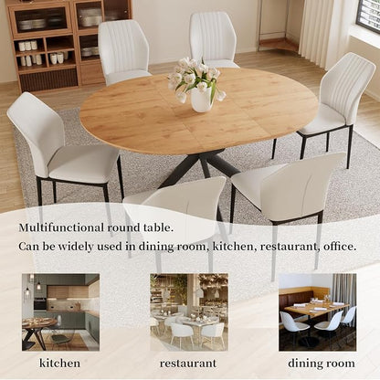 HIPIHOM 43.2"-59.1" Extendable Round Dining Table and PU Chairs for 4-6 | Mid century modern oak MDF board, scratch resistant surface, space saving, easy to clean, coffee table style
