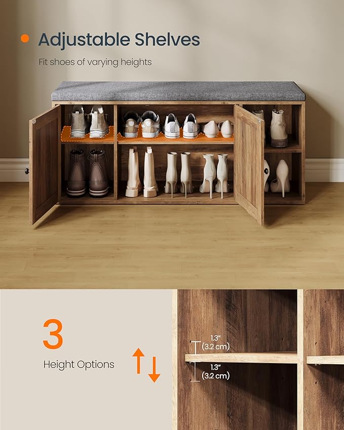 SONGMICS HOME Shoe Storage Bench, Snapsemble Superfast Assembly, Shoe Rack Cabinet with Door & Adjustable Shelf for Entryway/Living Room, 14 x 40.2 x 17.3 Inches, Honey Brown and Slate Gray