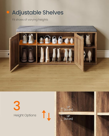 SONGMICS HOME Shoe Storage Bench, Snapsemble Superfast Assembly, Shoe Rack Cabinet with Door & Adjustable Shelf for Entryway/Living Room, 14 x 40.2 x 17.3 Inches, Honey Brown and Slate Gray