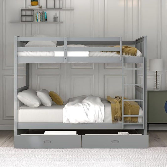 Merax Full-Over-Full Bunk Bed with Two Storage Drawers, Solid Wood Full Size Bunk Bed with Guardrail and Removable Ladder, Can be Converted Into 2 Separate Beds, Grey