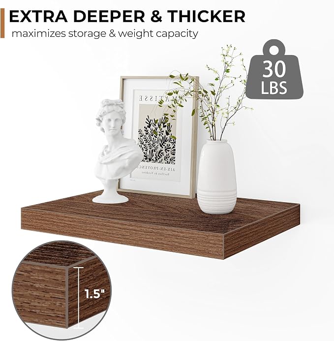 Fun Memories Floating Shelves - 2 Pack 12 Inch Rustic Wooden Wall Shelves - Extra Deeper & Thicker Wall Mounted Storage Shelf for Living Room, Kitchen, Farmhouse - 16" W x 12" D x 1.5" H - Walnut