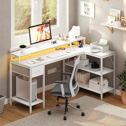 DUMOS 53" Gaming Desk with USB Charging Ports & LED Lights, Reversible L-Shaped Corner Computer Table for Small Spaces, Power Outlets, Monitor Stand & Storage Shelves Included, White