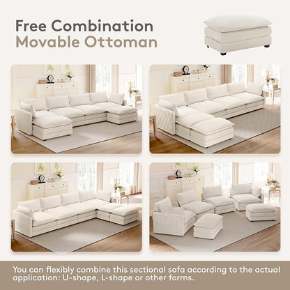 ROWHY 148'' Sectional Cloud Couch with 2 Ottomans, Oversized 4 Seat Sleeper Sofa with 2 Throw Pillows, Convertible Upholstered U Shaped Cozy Sofa Furniture Set for Living Room and Office, Beige