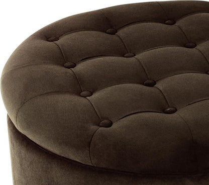 HomePop 28" Button Tufted Velvet Round Storage Ottoman - Chocolate Brown Velvet