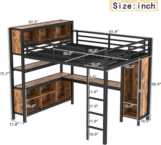 Bellemave Queen Size Loft Bed with Desk, Wardrobe, Storage Cubes and Shelves, Metal Queen Loft Bed Frame for Adults, Kids, Teens, Black and Woodgrain