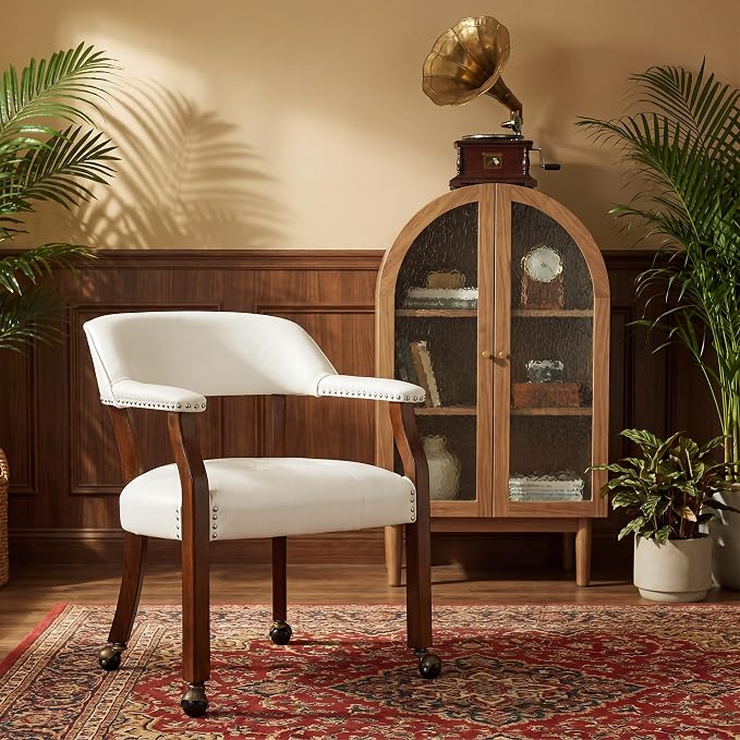 LEEMTORIG Large Dining Chairs with Casters and Arms, Rolling Dining Chairs with Wheels, Accent Game Poker Chairs, Wood Boss Caption's Chairs, 26“Dx25.2 Wx31.5“H, Cherry Legs & Ivory PU, SY-1533-WT