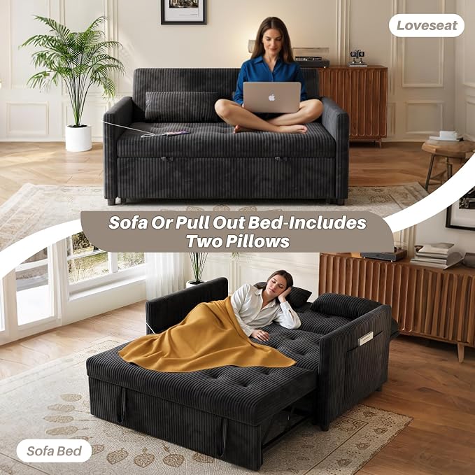 Sofa Bed, Loveseat 3-in-1 Sleeper Sofa with Pull Out Bed, Pockets and USB, Modern 2 Seater Convertible Small Couch for Living Room Bedroom Apartment (Black, Corduroy)