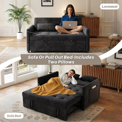 Sofa Bed, Loveseat 3-in-1 Sleeper Sofa with Pull Out Bed, Pockets and USB, Modern 2 Seater Convertible Small Couch for Living Room Bedroom Apartment (Black, Corduroy)