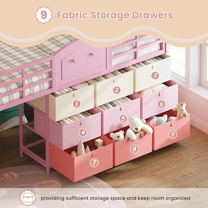 VIAGDO Low Loft Bed Twin Size with 9 Storage Drawers and LED Lights, Metal Twin Loft Bed with Stairway Shelf Storage, Low Loft Bed with Safety Guardrail and Under-Bed Hideaway for Kids, Pink