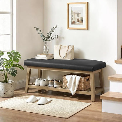 Entryway Bench with Cushion, Upholstered Shoe Rack Bench with Solid Wood Shelf, 44" End of Bed Bench for Bedroom, Chenille Fabric Storage Bench for Entryway, Hallway, Living Room (PU-Black)