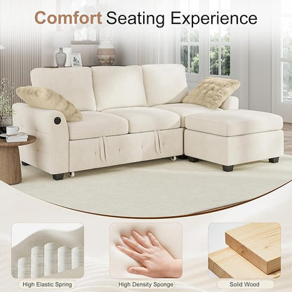 Hanherry 81" Sectional Couch with Pull Out Sofa Bed,Chenille Sleeper Sofa with Storage Ottoman & USB Charging,Comfy L Shaped Modular Couches for Living Room,Apartment