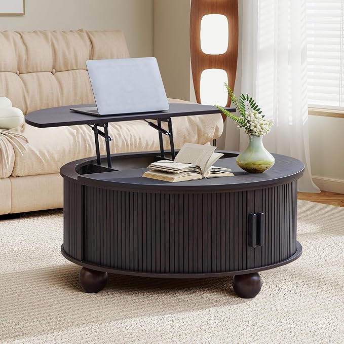 Round Lift Top Coffee Table with Hidden Storage, 33.5'' Mid-Century Fluted Coffee Table with Sliding Tambour Door Solid Wood Legs, Circle Center Table for Living Room, Small Space (Smoked Dark Brown)