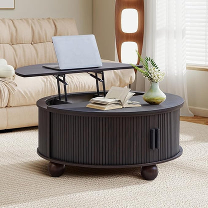 Round Lift Top Coffee Table with Hidden Storage, 33.5'' Mid-Century Fluted Coffee Table with Sliding Tambour Door Solid Wood Legs, Circle Center Table for Living Room, Small Space (Smoked Dark Brown)