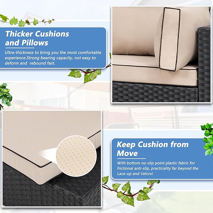 7 Piece Outdoor Patio Furniture Set,Black PE Rattan Wicker Sectional Sofa, All Weather Conversation Set with Washable Cushions & Glass Coffee Table for Backyard Poolside Garden Porch,Khaki