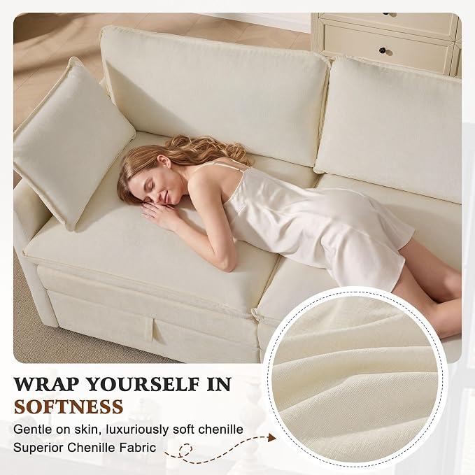 Ihanherry 135” Oversized Sectional Sofa Bed with Storage, 8-Seater Modular Cloud Couch with Movable Ottomans, Chenille Deep Seat Sleeper Couches for Living Room (Beige)