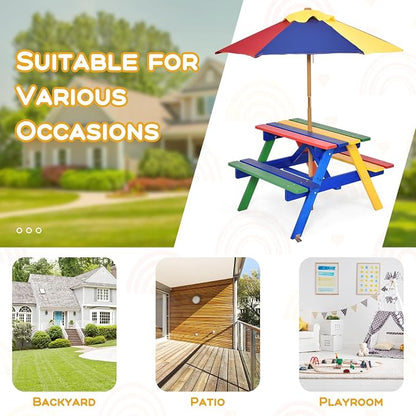 Costzon Kids Picnic Table, Fir Wood Kids Outdoor Table and Chairs with Removable Umbrella, Toddler Picnic Table for Patio, Backyard, Garden (Multicolor)
