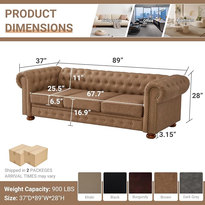 Chesterfield Leather Sofa, 89" Mid Century Modern Couch with Low Back, Roll Arm Nailhead Trim Classic 3 Seater Couch for Living Room, Office, Apartment, Faux Leather Brown