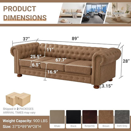 Chesterfield Leather Sofa, 89" Mid Century Modern Couch with Low Back, Roll Arm Nailhead Trim Classic 3 Seater Couch for Living Room, Office, Apartment, Faux Leather Brown