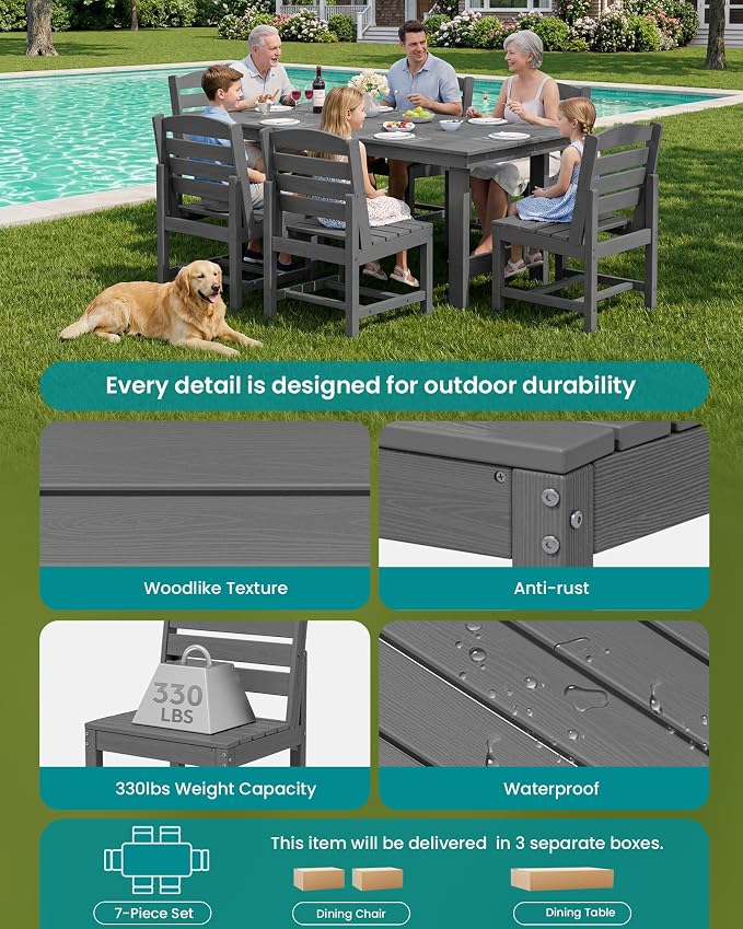 SERWALL Outdoor Dining Sets for 6, HDPE Dining Set with 6 Armless Chairs, Gray