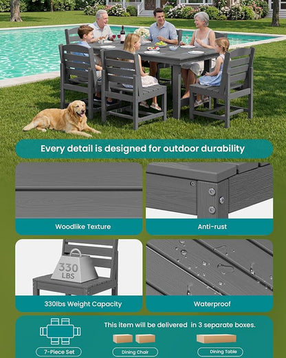 SERWALL Outdoor Dining Sets for 6, HDPE Dining Set with 6 Armless Chairs, Gray