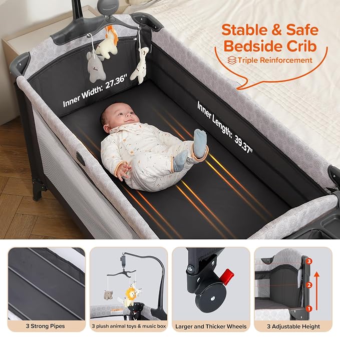 ELEMARA 4 in 1 Baby Bassinet Bedside Crib with Diaper Changer, Mattress, 1-Second Set up Bedside Bassinet with 3 Adjustable Height, Portable Crib with Storage/Toy Bar/Zip Door