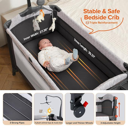 ELEMARA 4 in 1 Baby Bassinet Bedside Crib with Diaper Changer, Mattress, 1-Second Set up Bedside Bassinet with 3 Adjustable Height, Portable Crib with Storage/Toy Bar/Zip Door